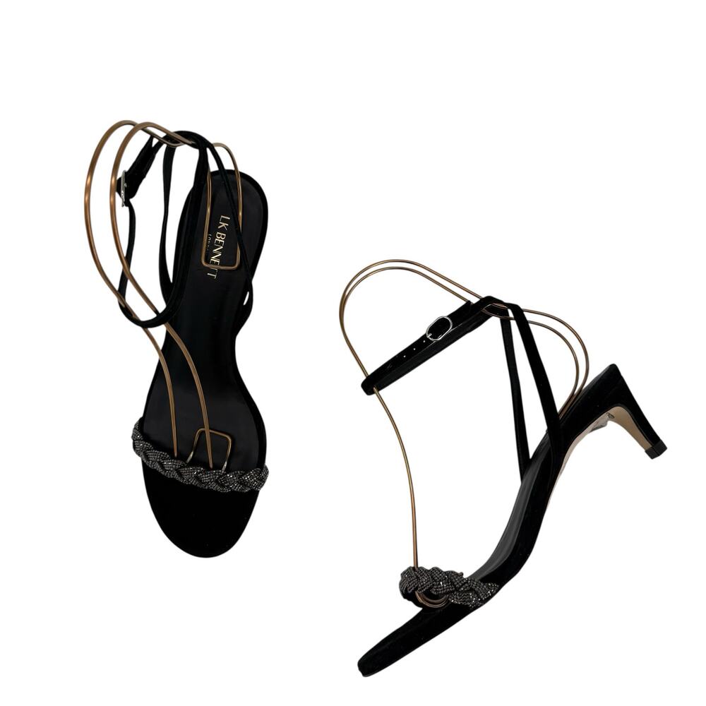 LK Bennett Andria Black Suede Crystal Plaited Kitten Heel Sandals EU 38
